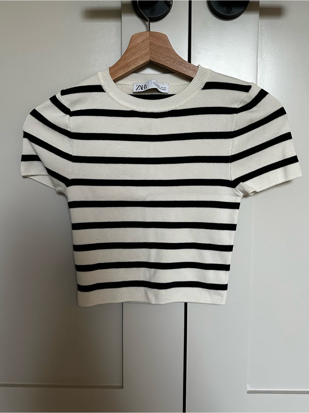 Zara Cream and Black Striped Short Sleeve Knit Tee